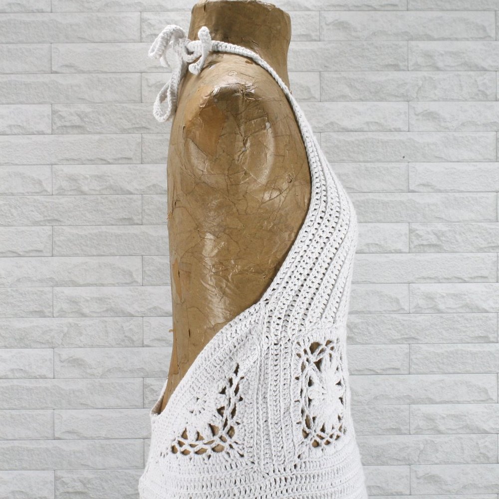 HAND CRAFTED Crochet Dress Halter White Cotton Wedding Coastal Cowgirl Bridal - Picture 5 of 16